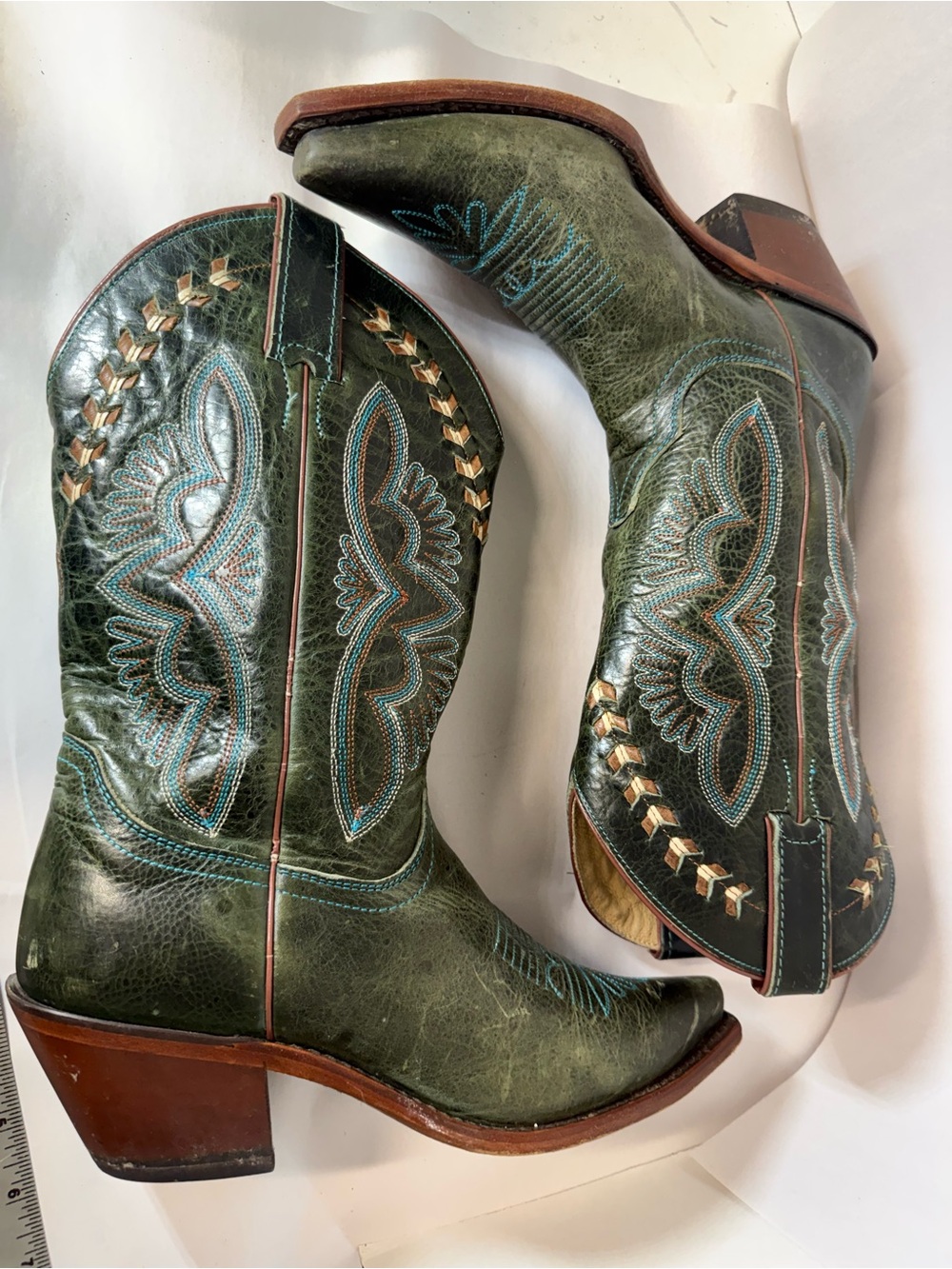 Justin Boots Tan Leather Cowboy Boots with Teal Stitching - Picture 7 of 11